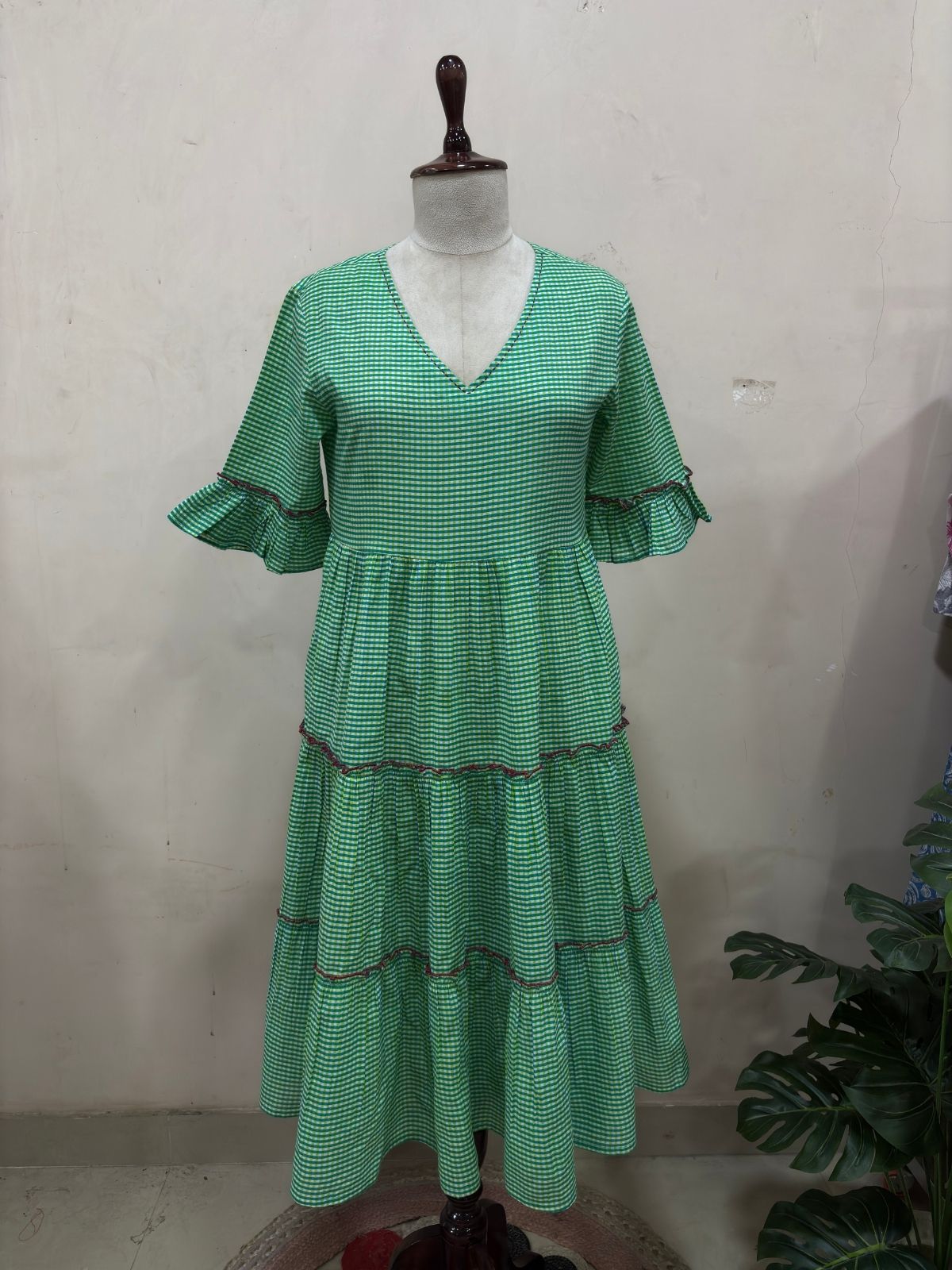 Green Gingham Tiered Midi Dress