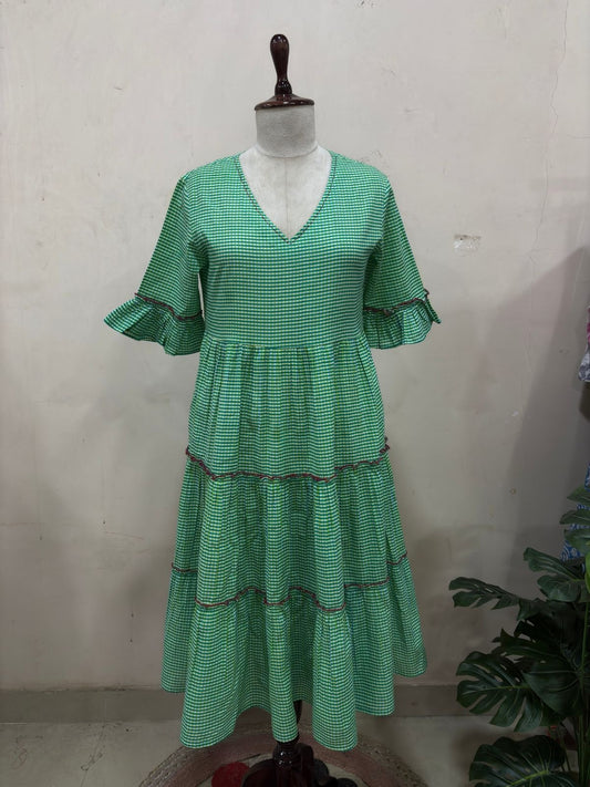Green Gingham Tiered Midi Dress