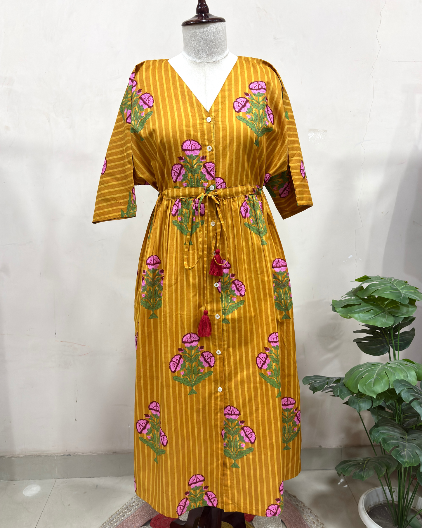 Mustard Floral Printed Kaftan Dress