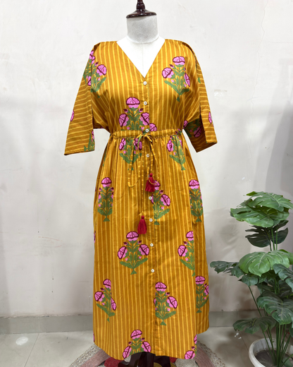 Mustard Floral Printed Kaftan Dress