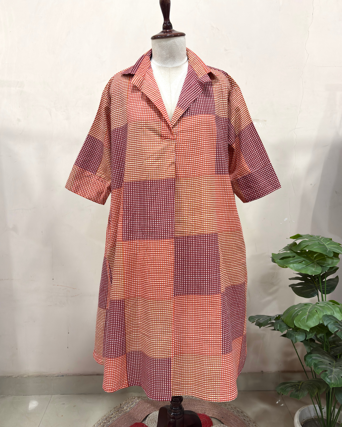 Checkered Patchwork Midi Dress