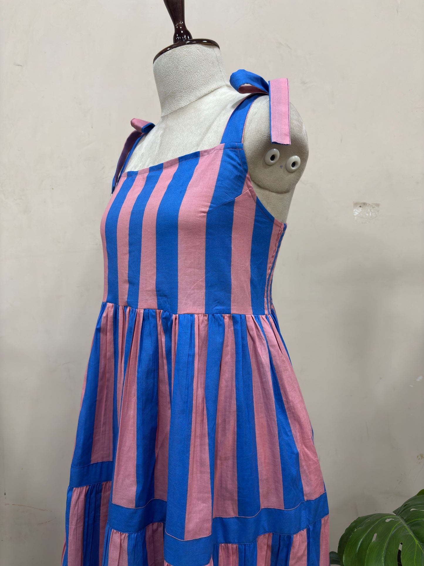 Pink & Blue Striped Tiered Maxi Dress