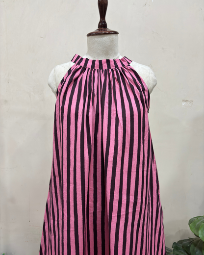 Pink Noir Striped Halter Neck Dress