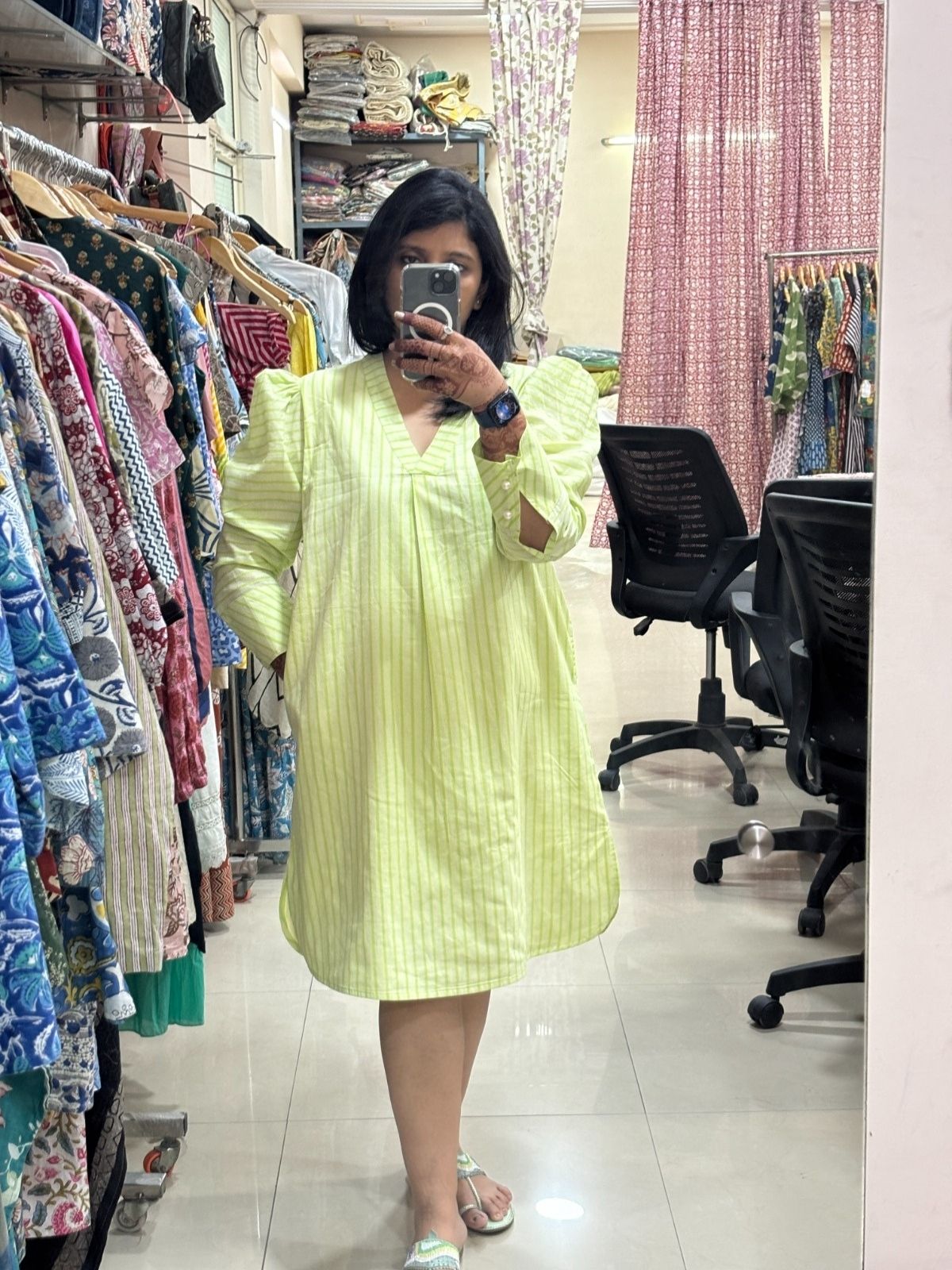 Lime Green Striped V-Neck Midi Dress