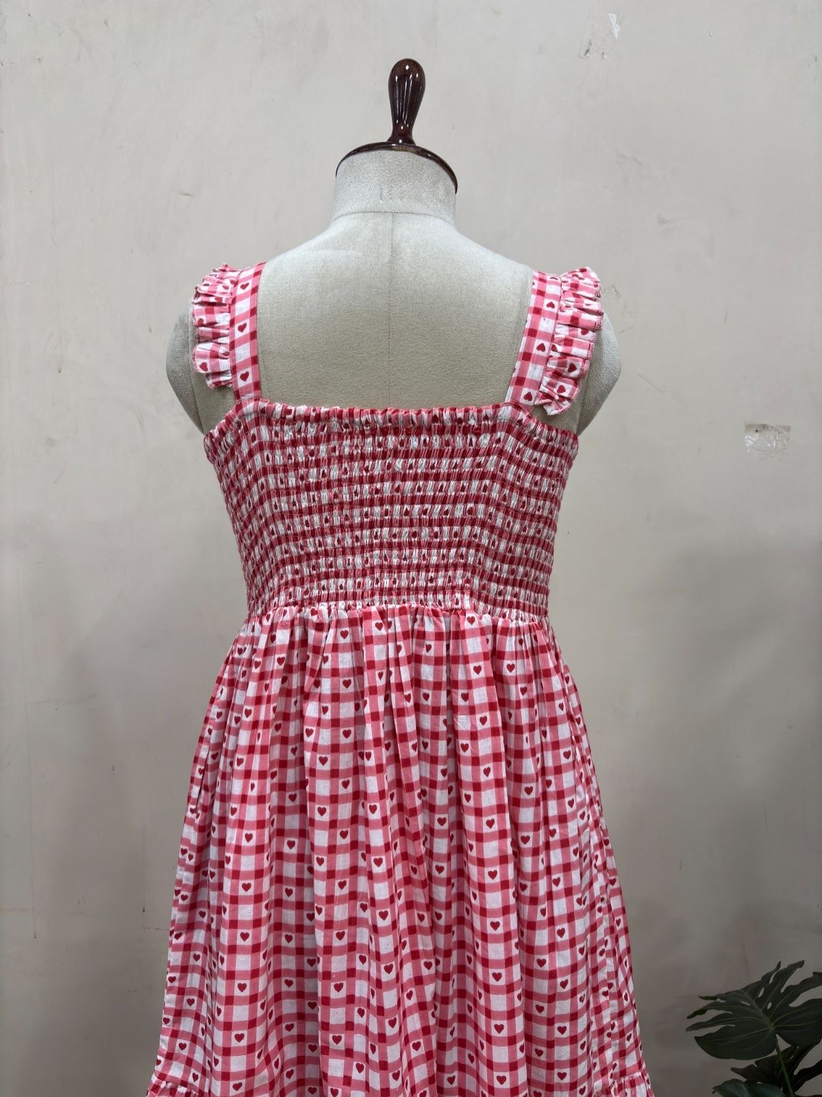 Pink Gingham Heart Print Midi Dress
