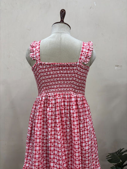 Pink Gingham Heart Print Midi Dress