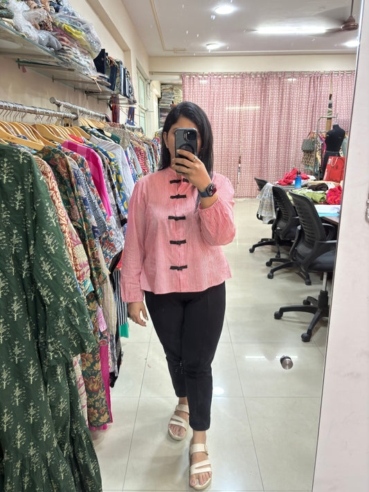 Crimson Stripe Button Top