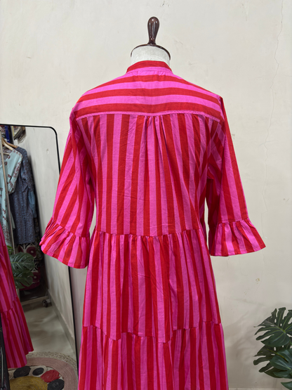 Pink & Red Striped Tiered Maxi Dress