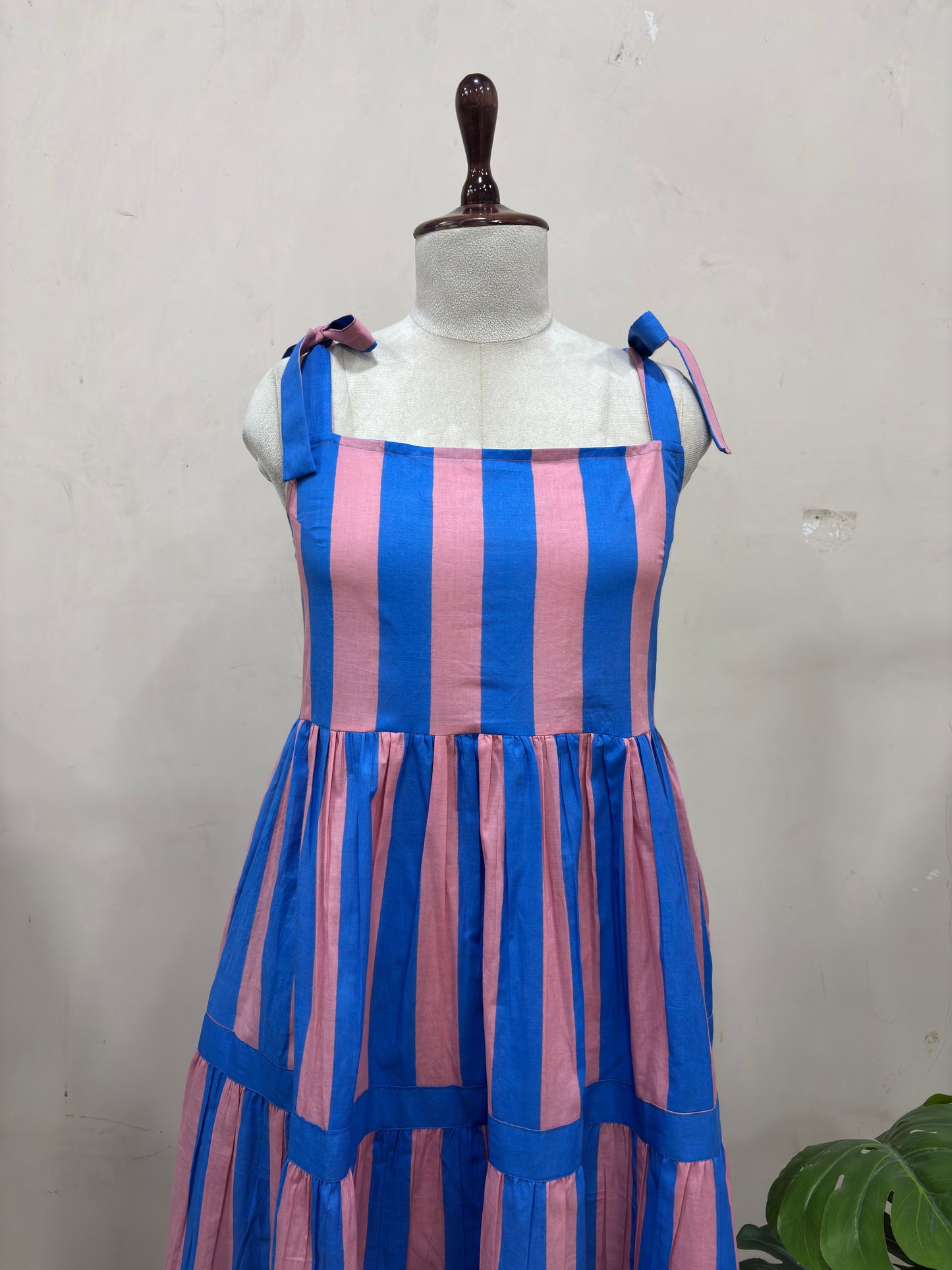Pink & Blue Striped Tiered Maxi Dress