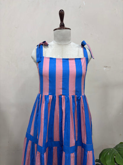 Pink & Blue Striped Tiered Maxi Dress