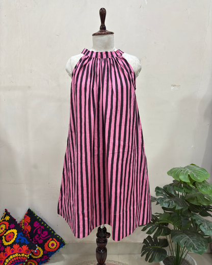 Pink Noir Striped Halter Neck Dress