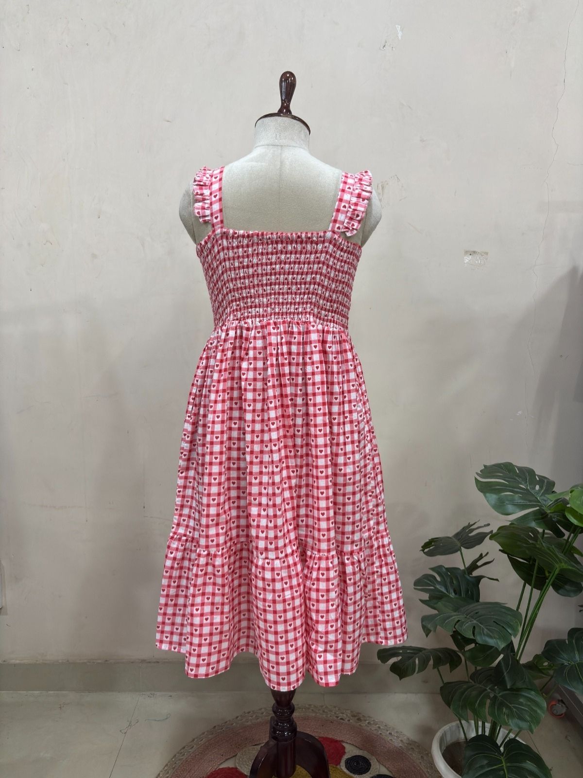 Pink Gingham Heart Print Midi Dress