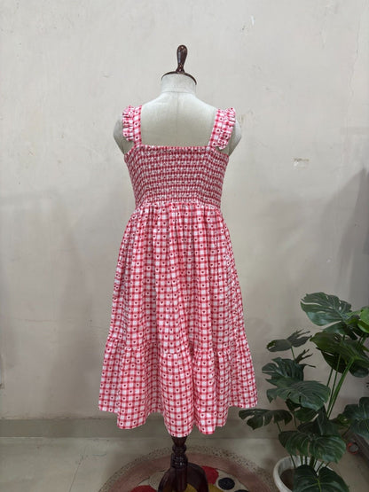 Pink Gingham Heart Print Midi Dress