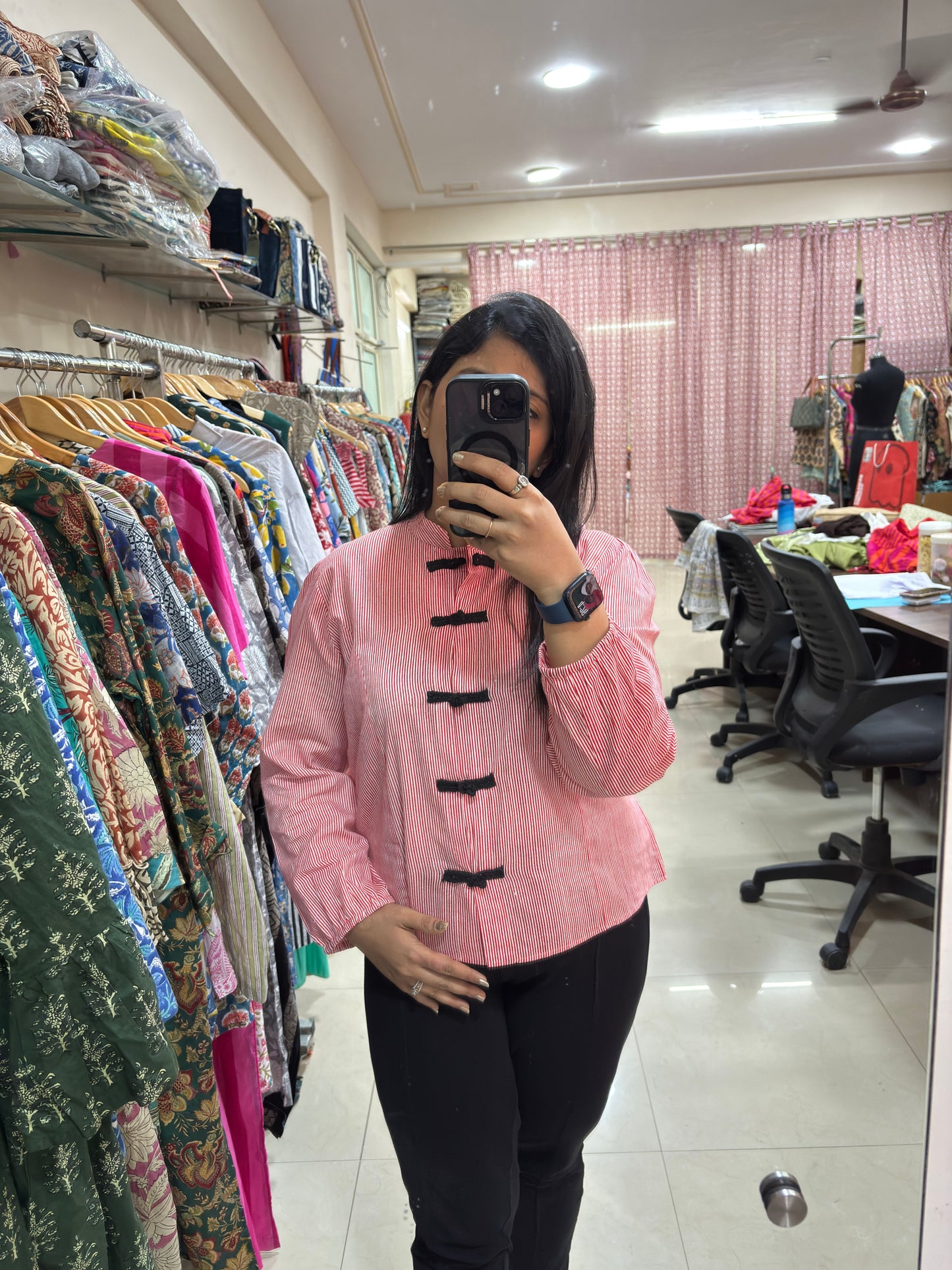Crimson Stripe Button Top