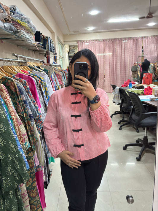 Crimson Stripe Button Top