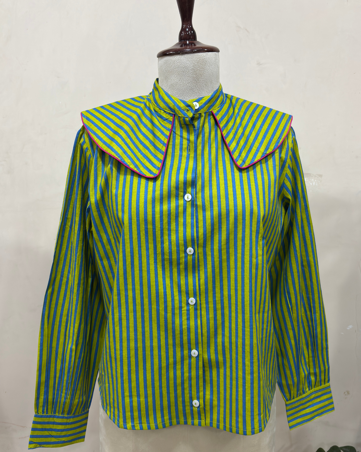 Green Striped Collar Shirt