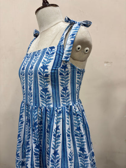 Blue & White Floral Print Tiered Maxi Dress