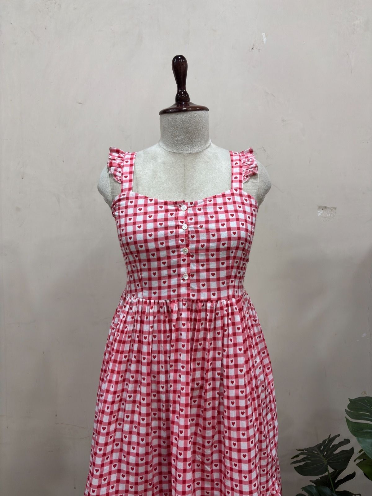 Pink Gingham Heart Print Midi Dress
