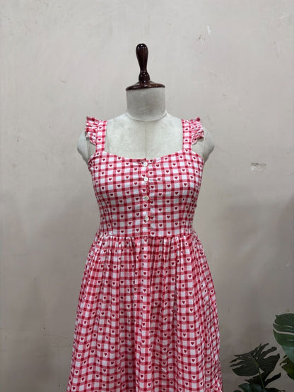 Pink Gingham Heart Print Midi Dress