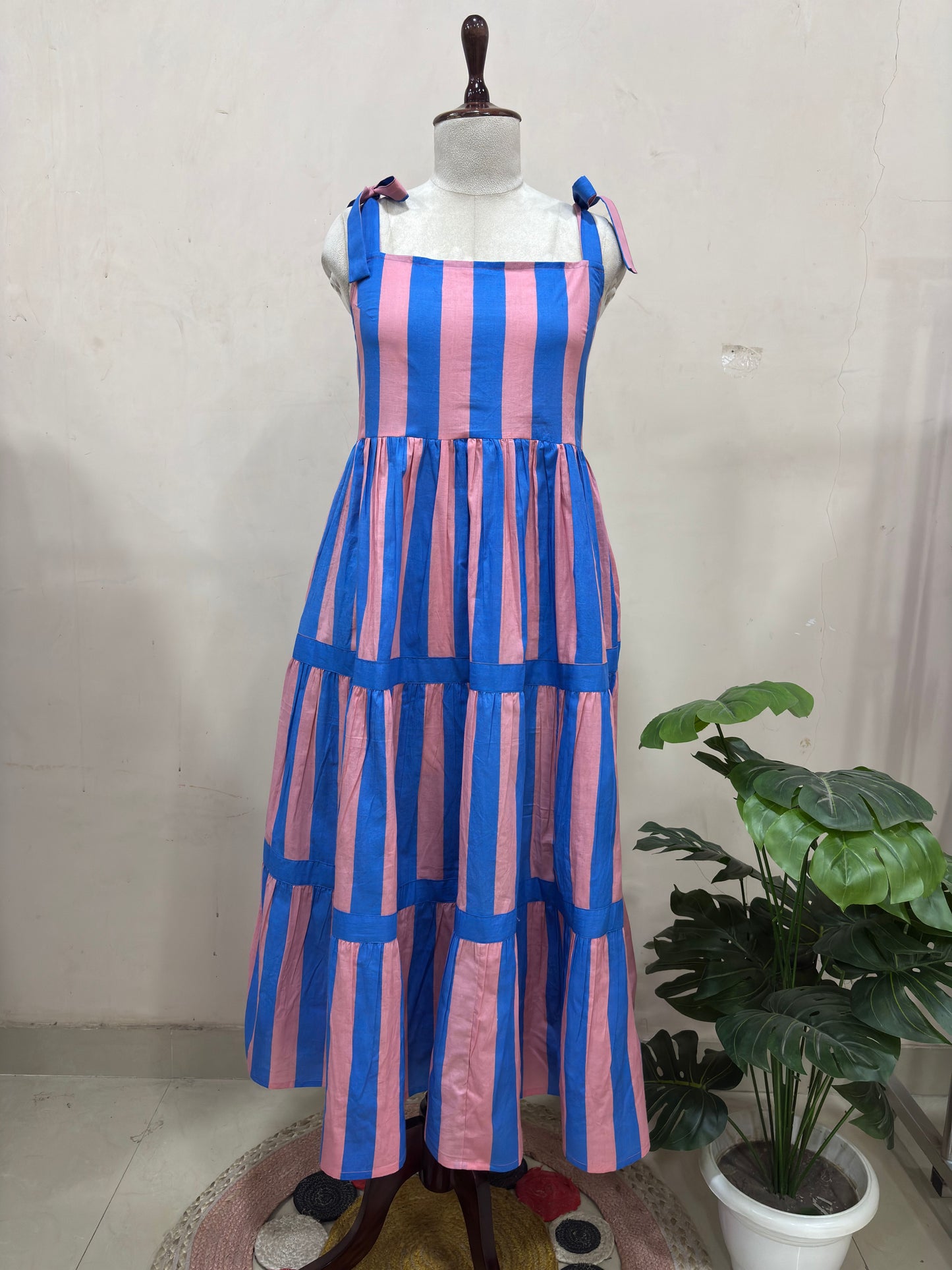 Pink & Blue Striped Tiered Maxi Dress