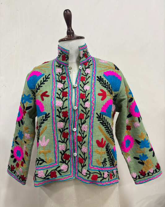 Sage Green Floral Embroidered Jacket