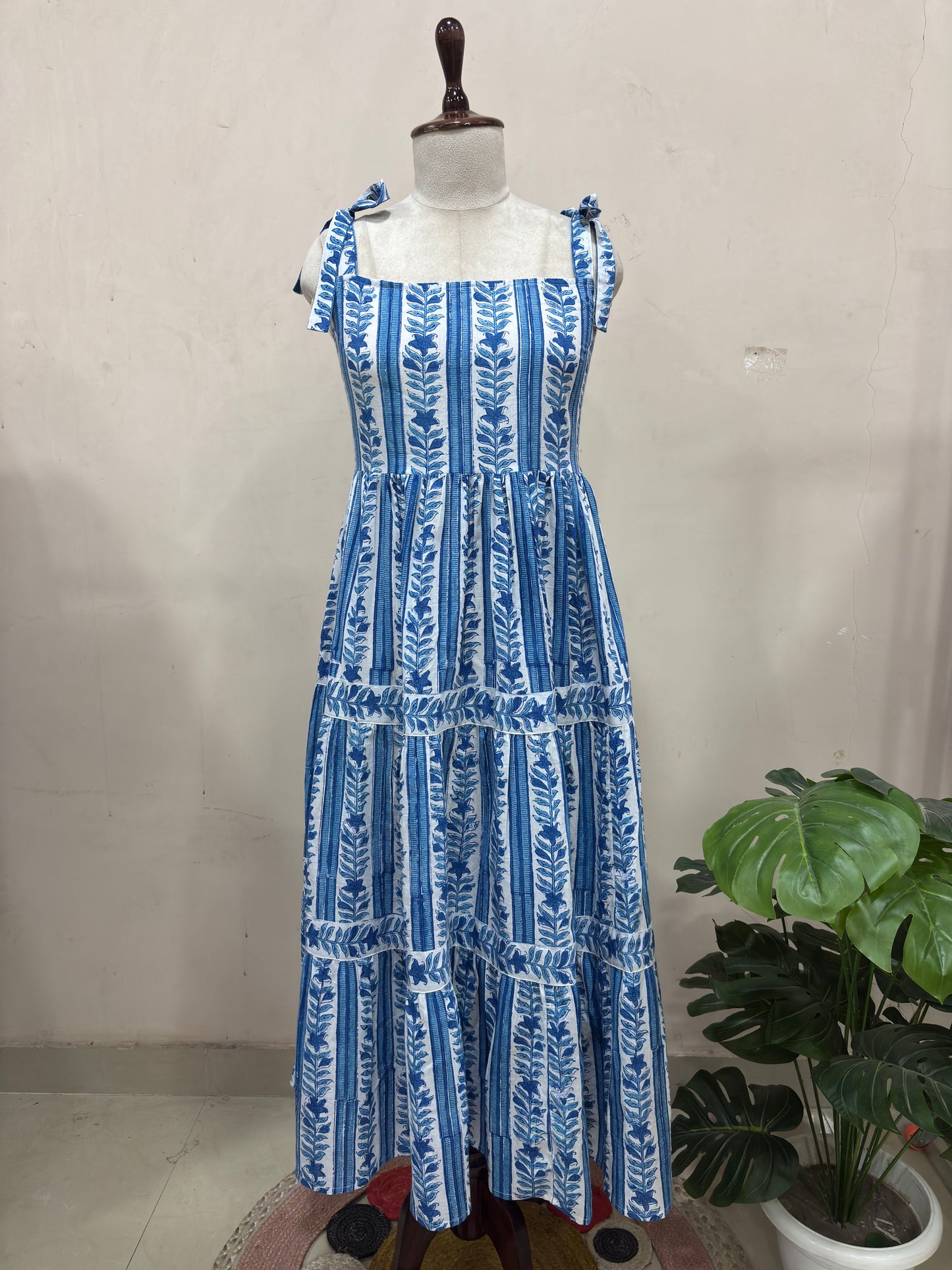 Blue & White Floral Print Tiered Maxi Dress