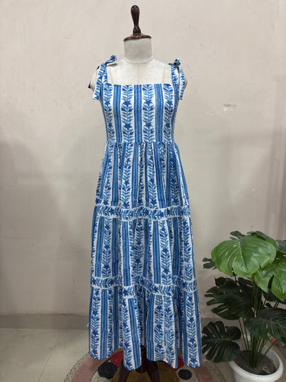 Blue & White Floral Print Tiered Maxi Dress