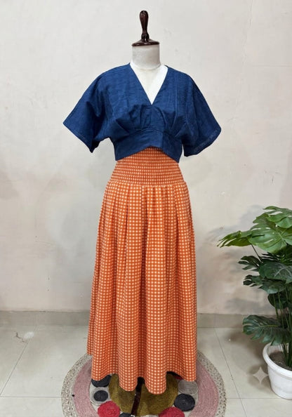 Orange Checkered Skirt Top Set