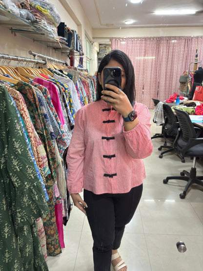 Crimson Stripe Button Top