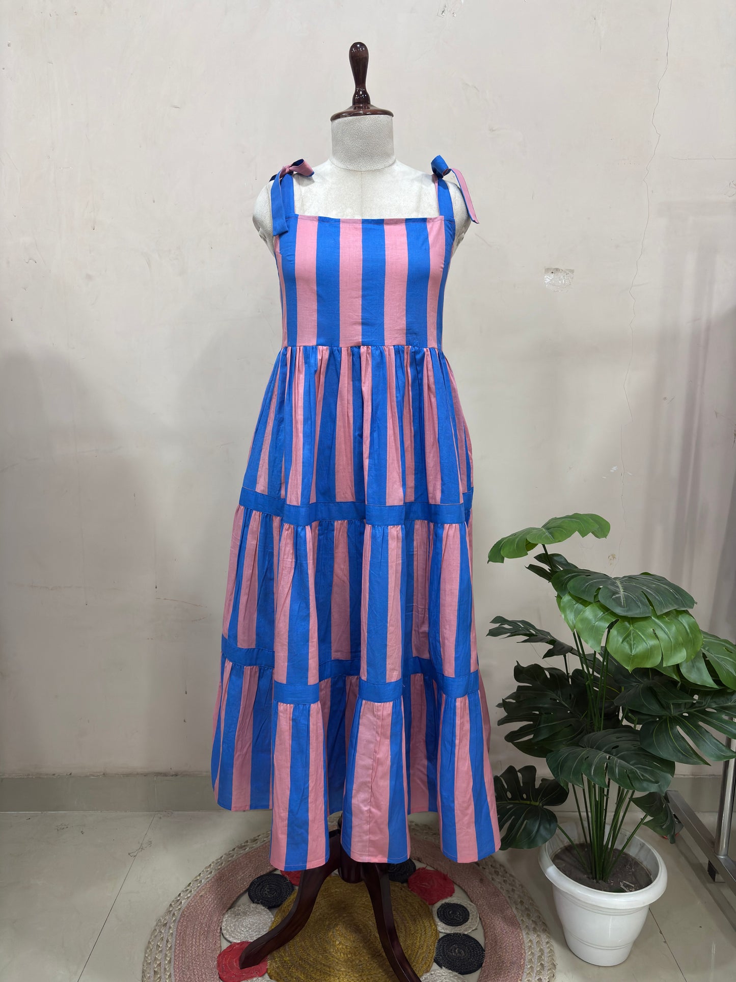 Pink & Blue Striped Tiered Maxi Dress