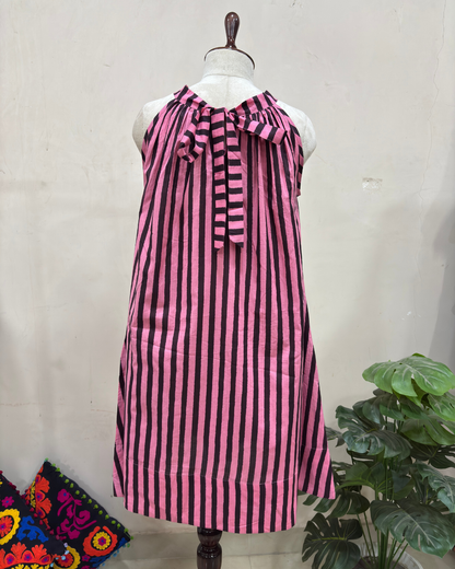 Pink Noir Striped Halter Neck Dress