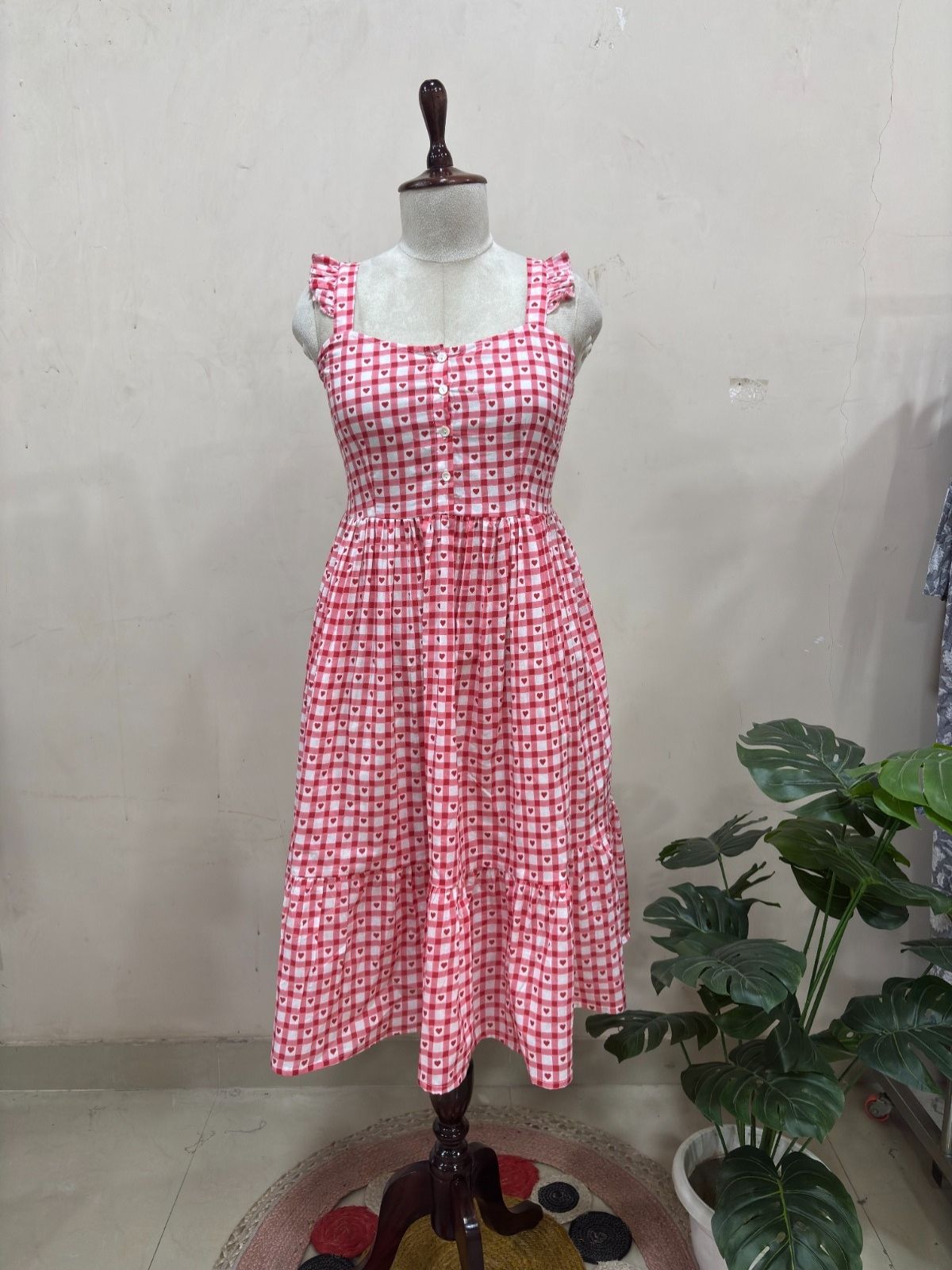 Pink Gingham Heart Print Midi Dress
