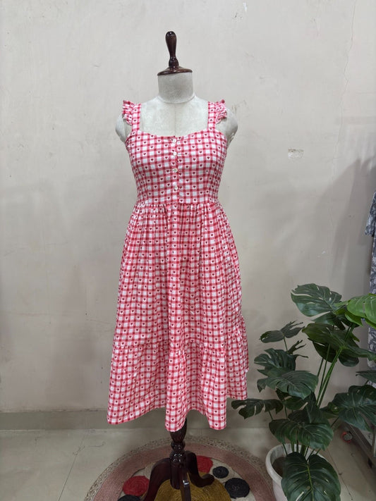 Pink Gingham Heart Print Midi Dress