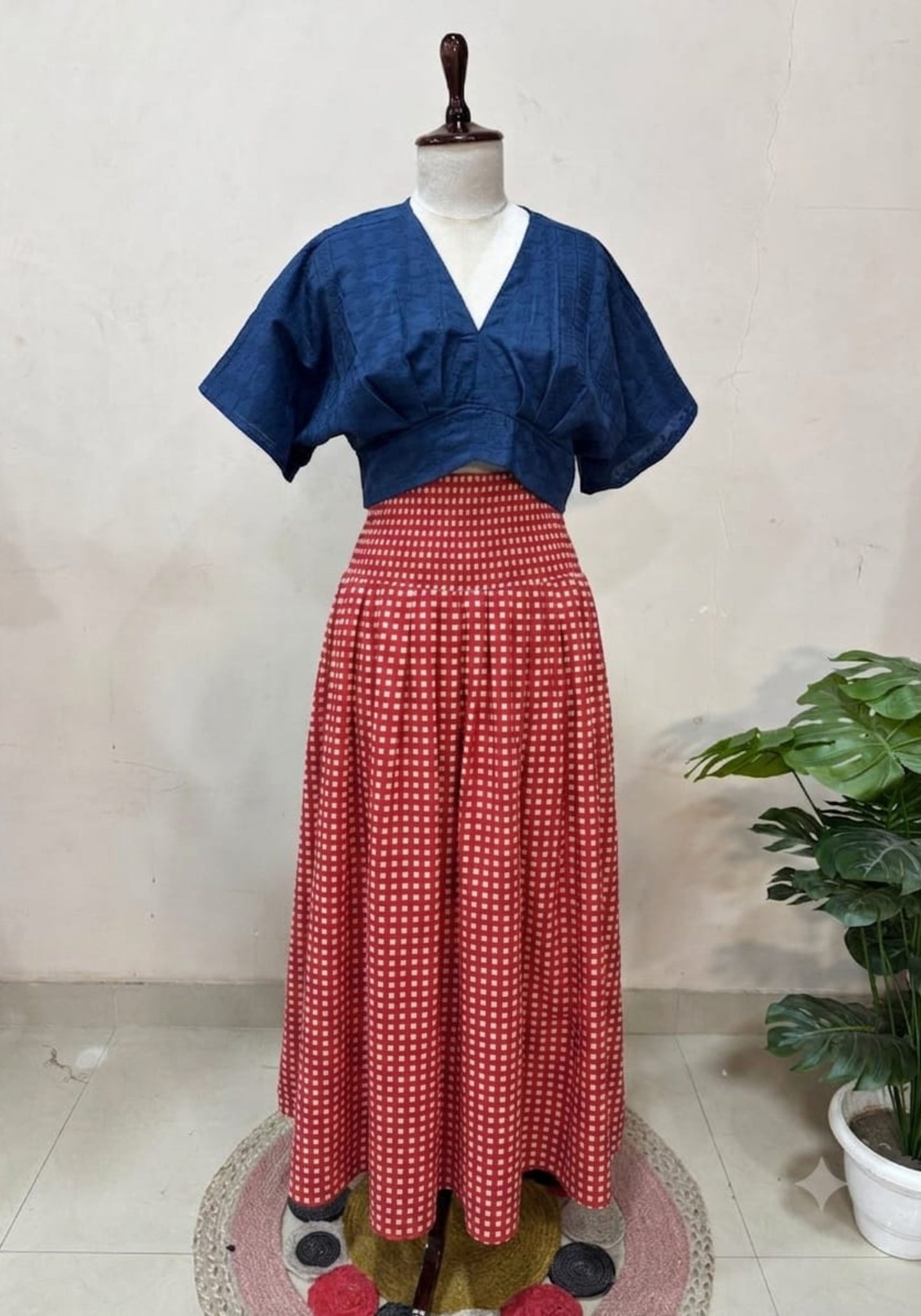 Red Checkered Skirt Top Set