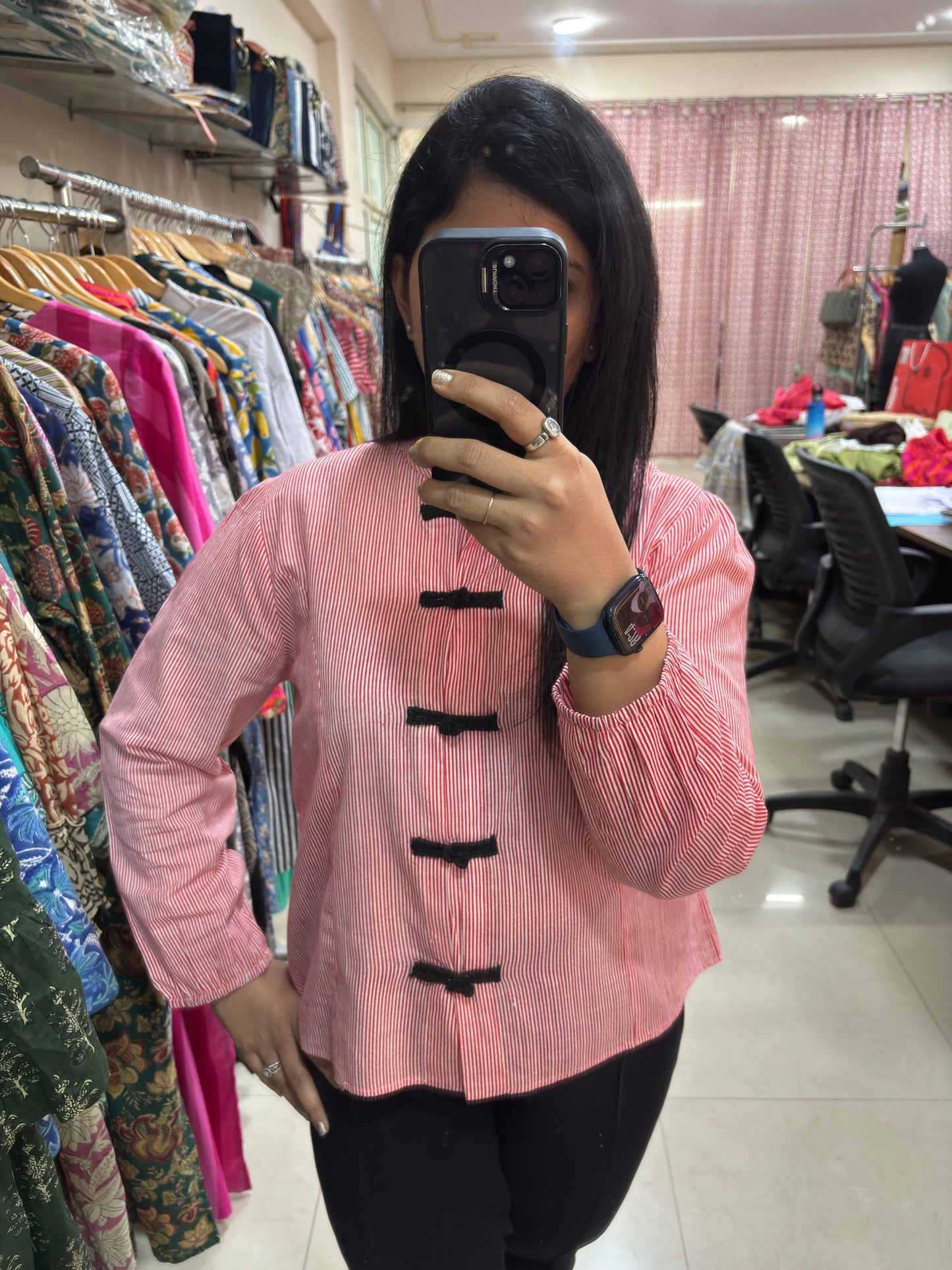 Crimson Stripe Button Top