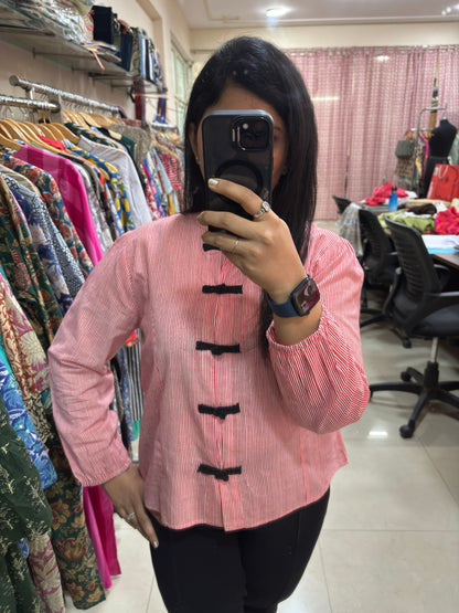 Crimson Stripe Button Top