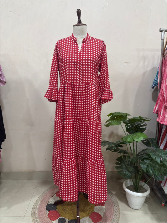Red Gingham Check Tiered Maxi Dress