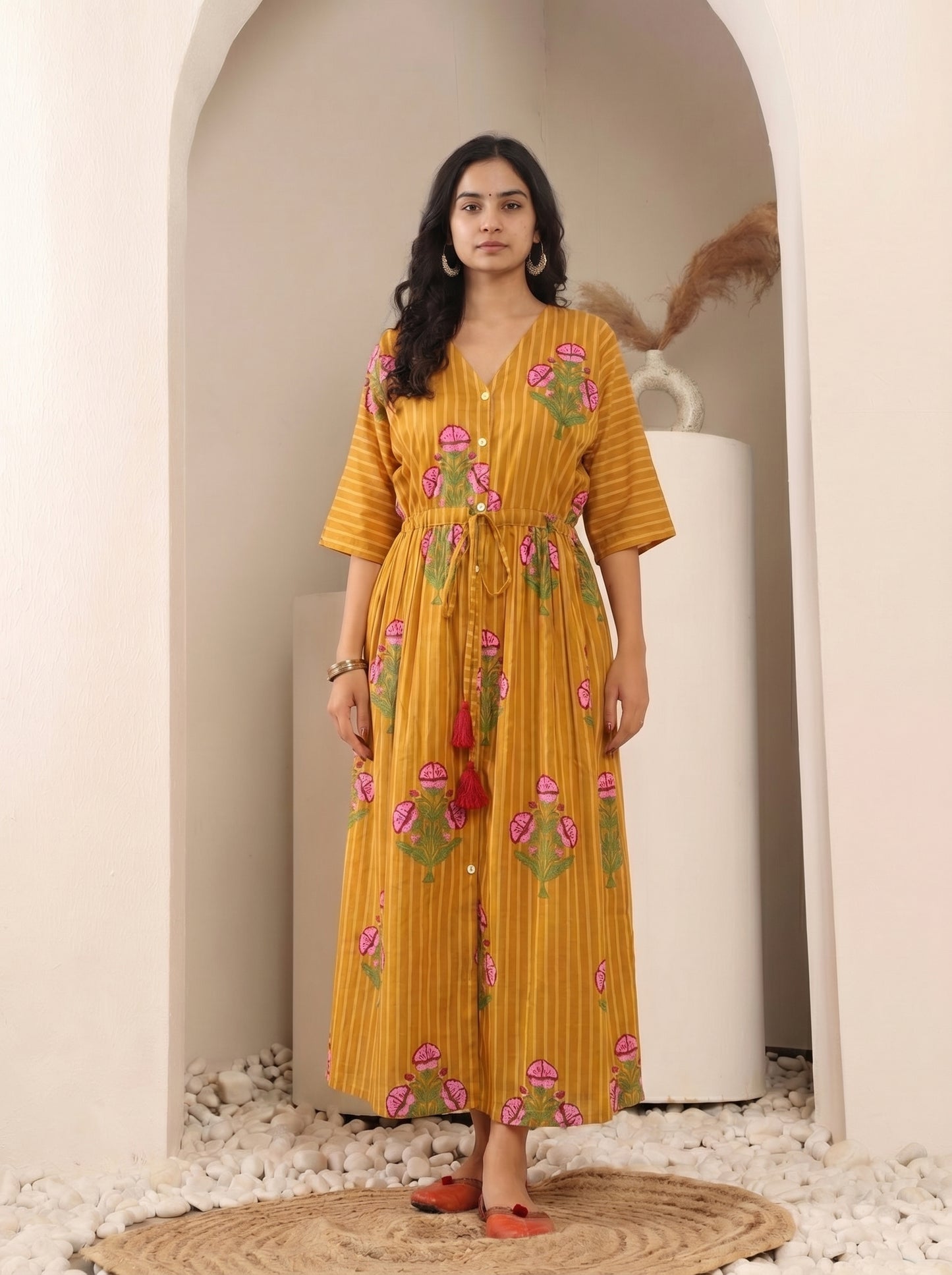 Mustard Floral Printed Kaftan Dress