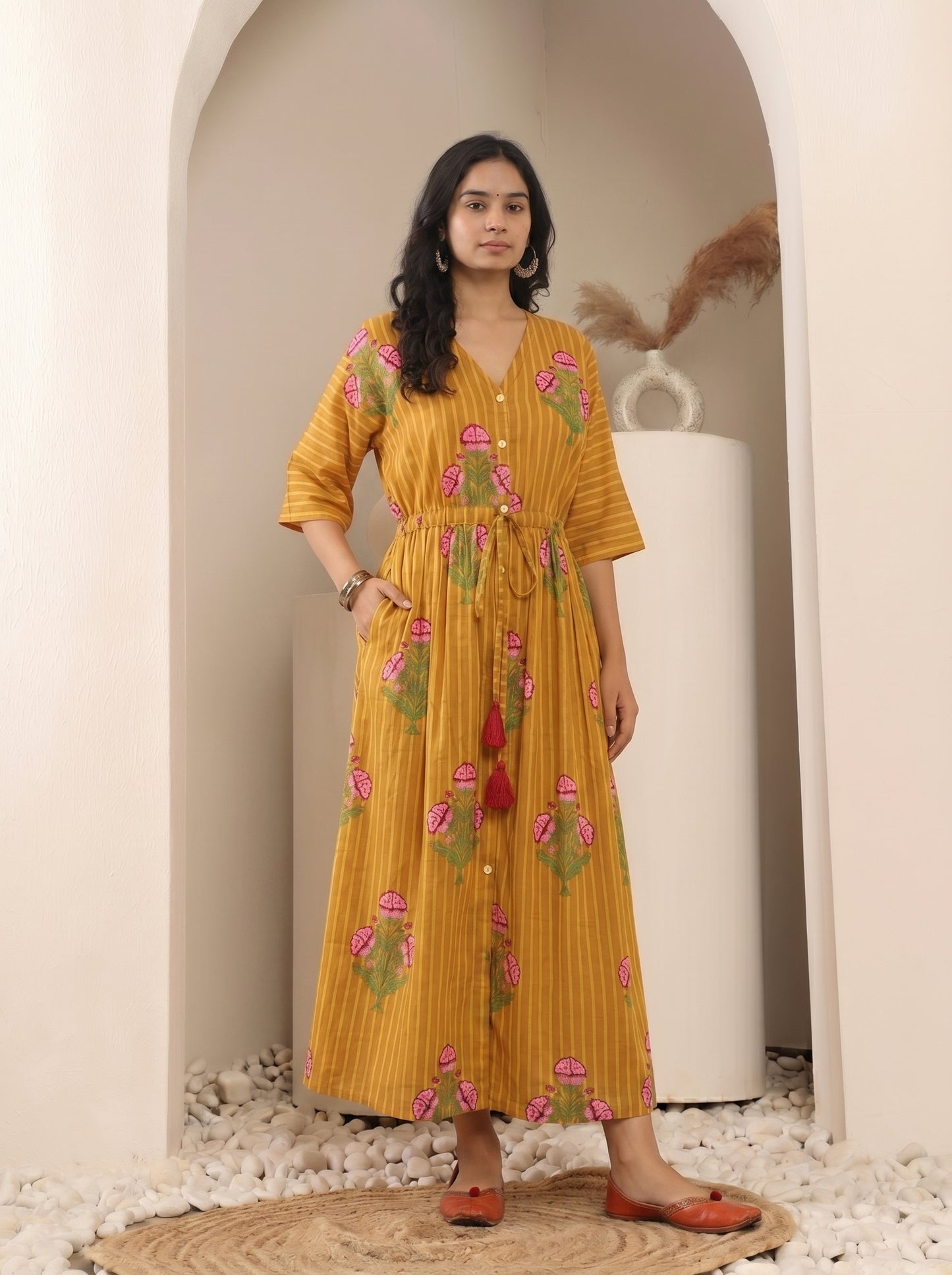 Mustard Floral Printed Kaftan Dress