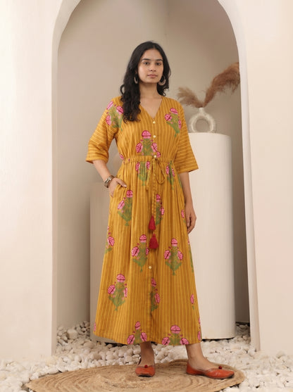 Mustard Floral Printed Kaftan Dress