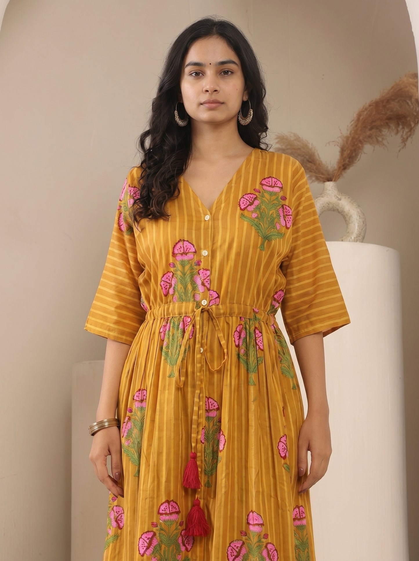 Mustard Floral Printed Kaftan Dress