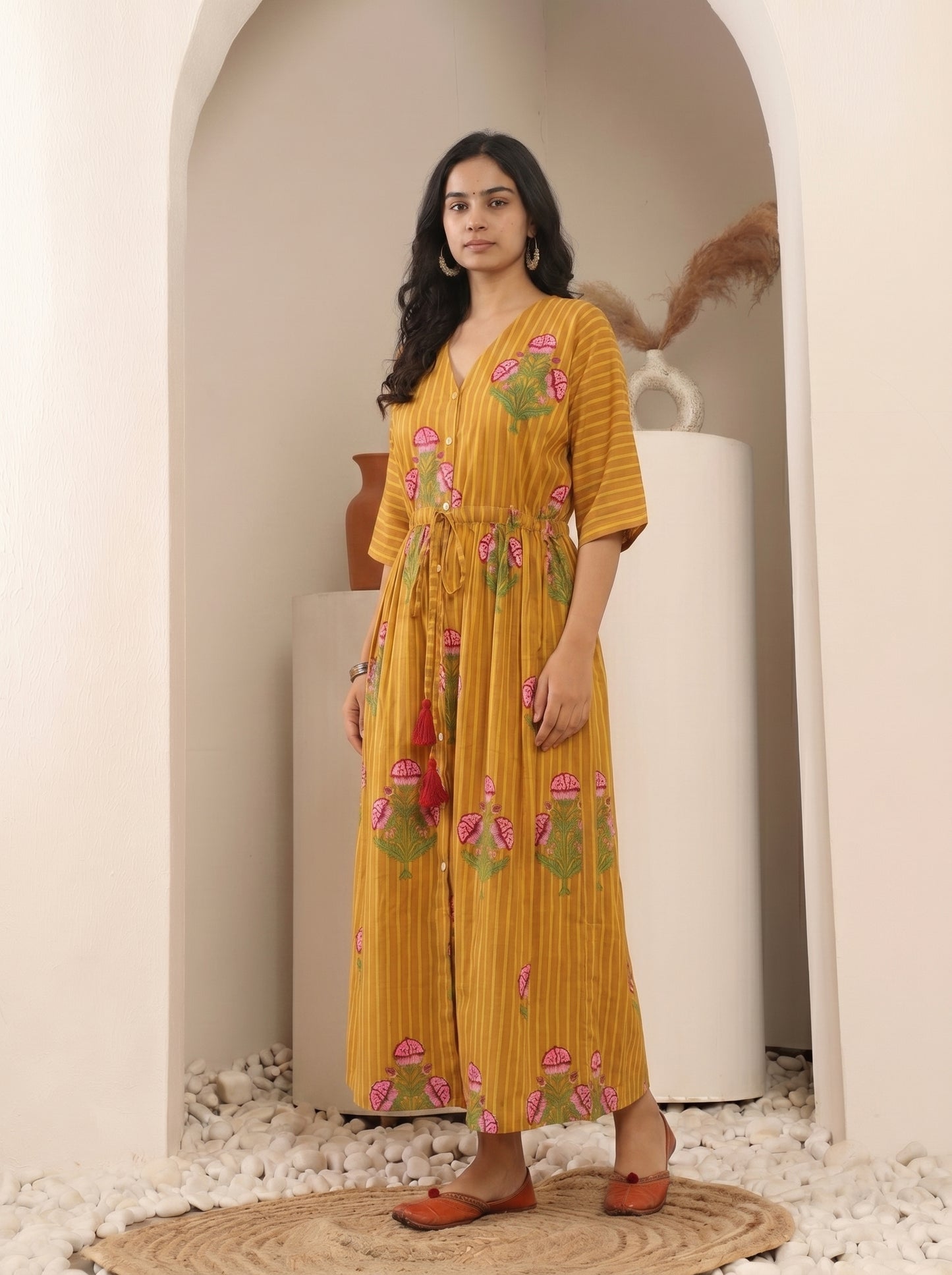 Mustard Floral Printed Kaftan Dress