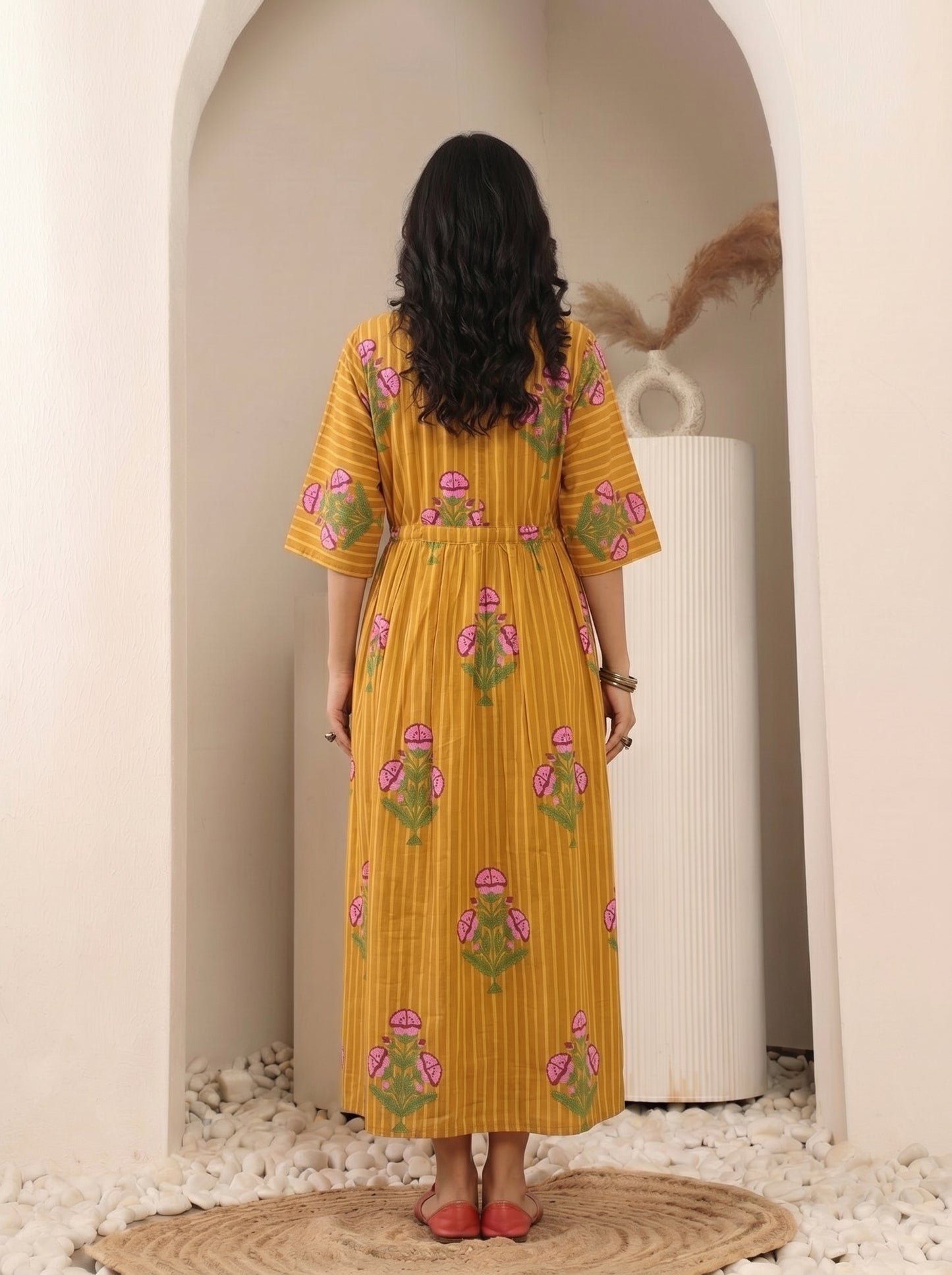 Mustard Floral Printed Kaftan Dress