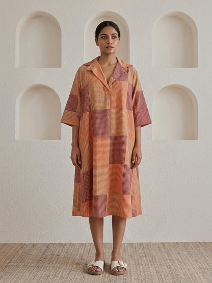 Checkered Patchwork Midi Dress