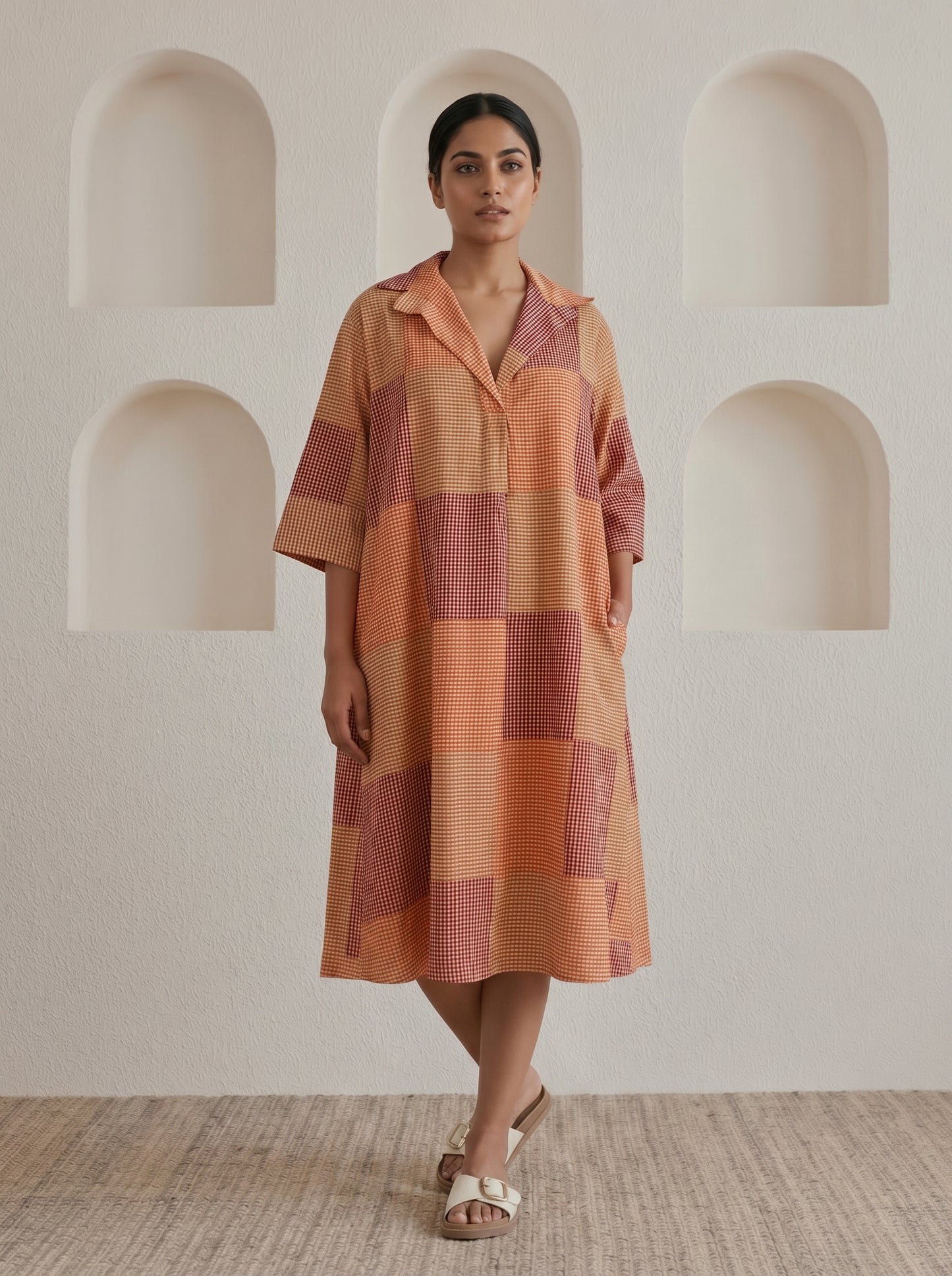 Checkered Patchwork Midi Dress