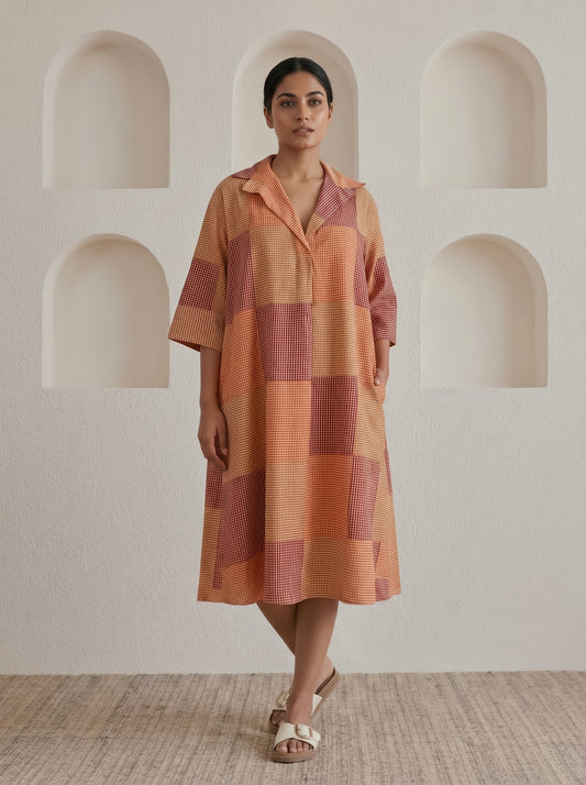 Checkered Patchwork Midi Dress