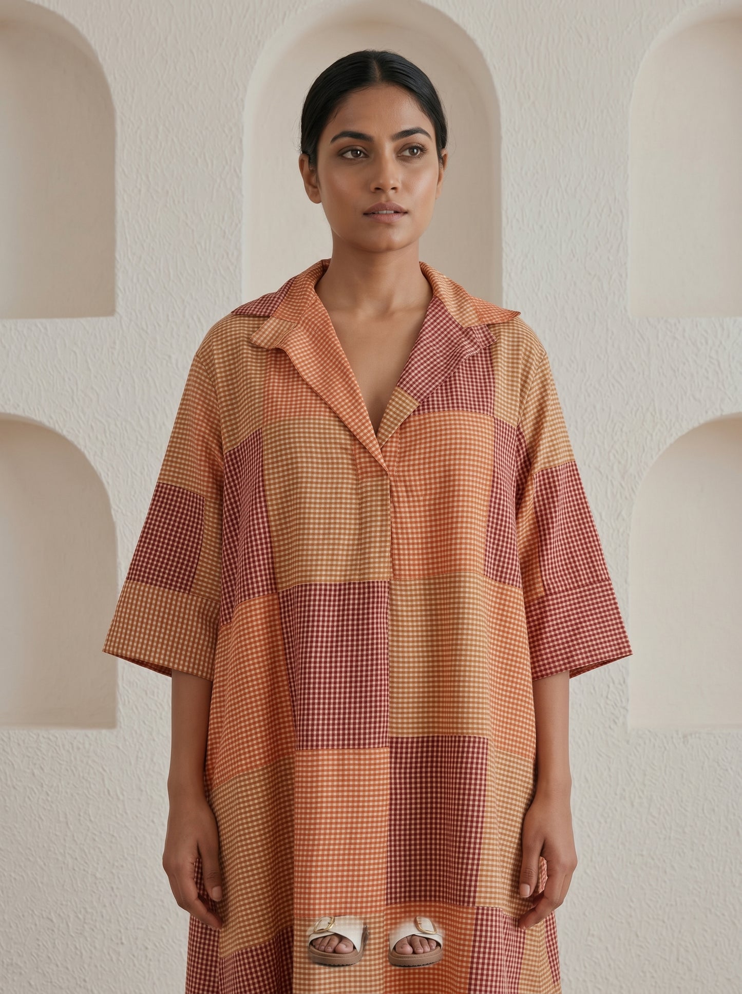 Checkered Patchwork Midi Dress