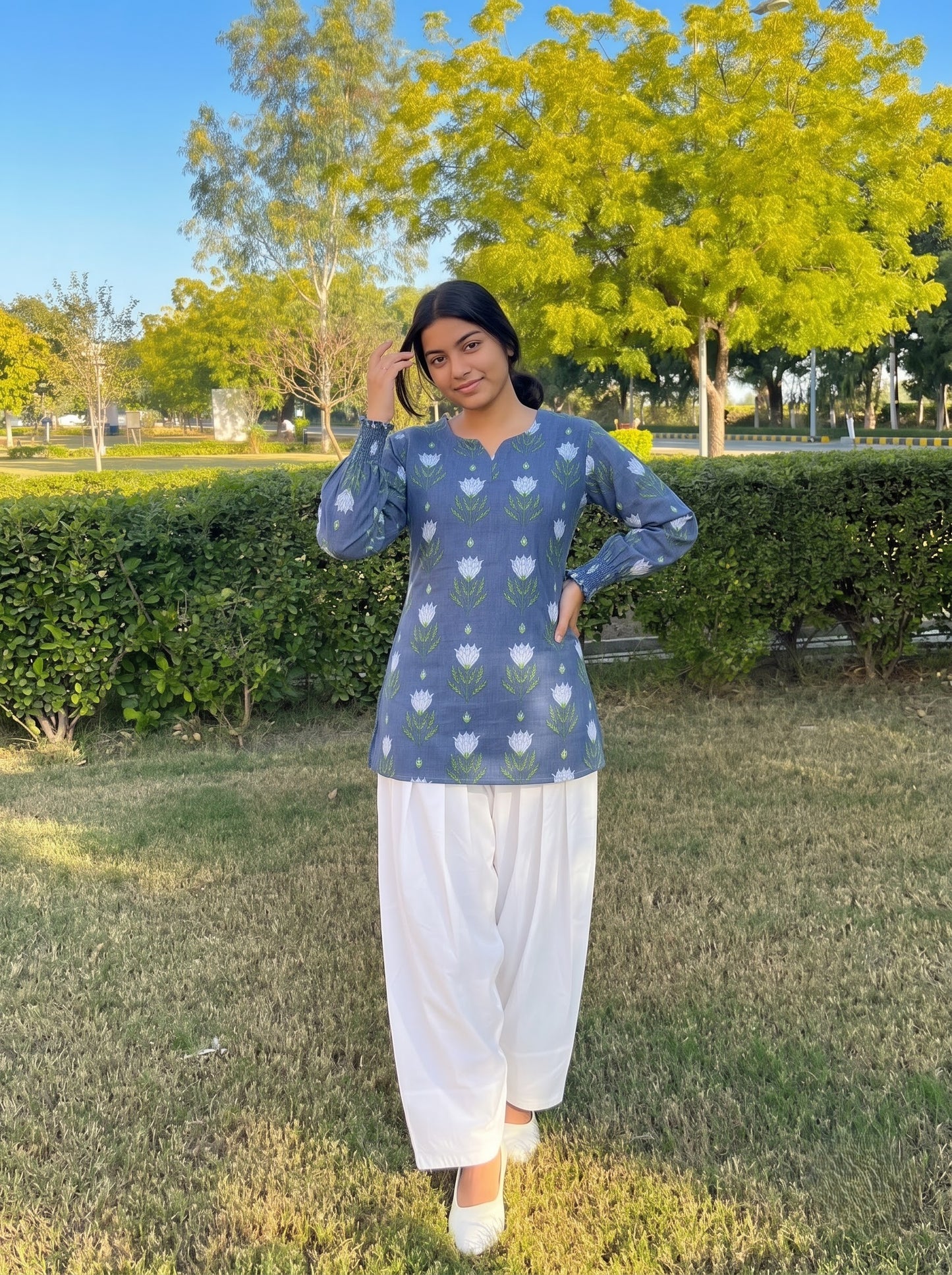 Blue Lotus Print Farshi Salwar Set