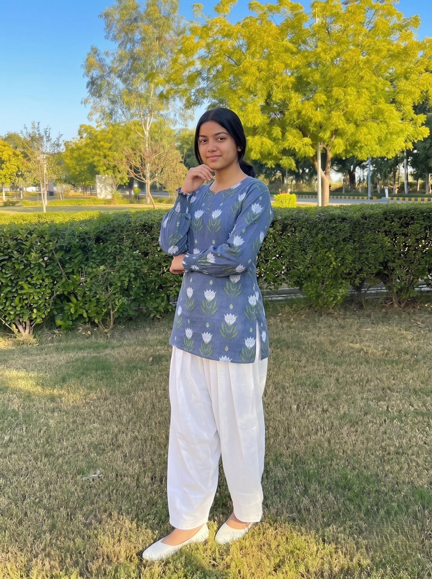 Blue Lotus Print Farshi Salwar Set