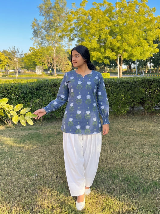 Blue Lotus Print Farshi Salwar Set